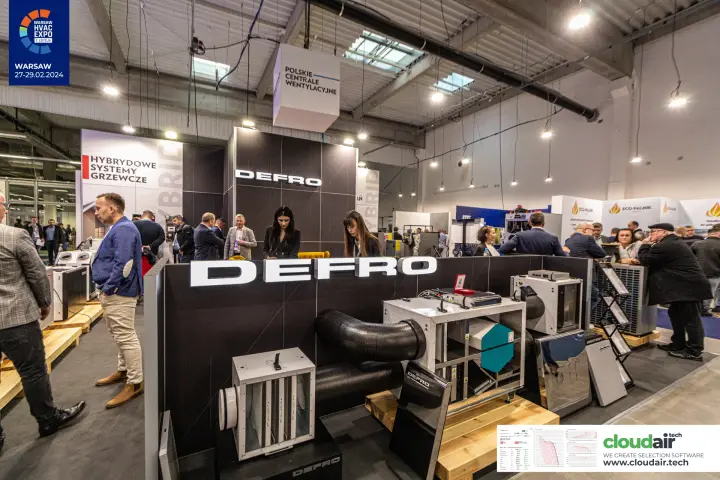 Defro counter with opened heat recovery units and black ducts at Warsaw HVAC Expo 2024