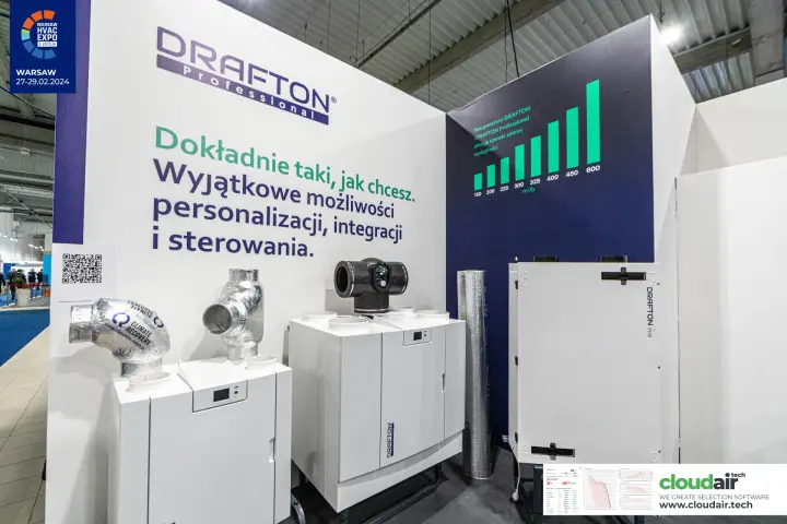 Drafton Professional recuperators with a 150-600 m³/h airflow range chart at Warsaw HVAC Expo 2024