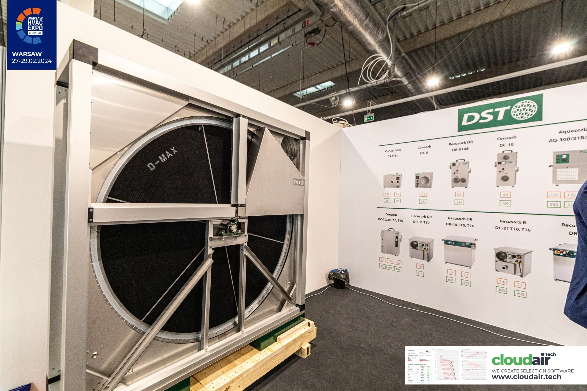 DST D-MAX desiccant rotor next to a chart of DST dehumidifiers at Warsaw HVAC Expo 2024