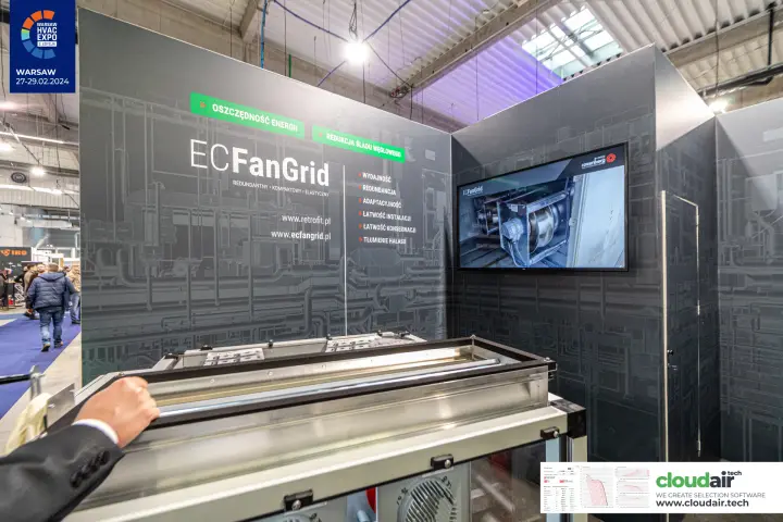 ECFanGrid stand with a fan array module and a Rosenberg video screen
