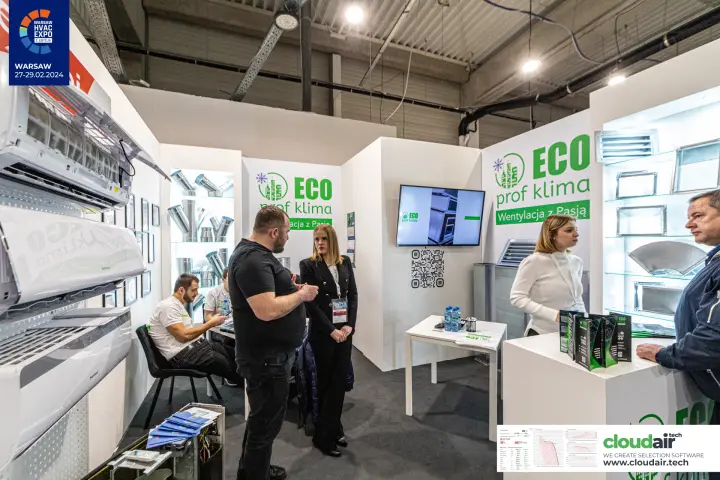Eco Prof Klima stand with split AC units and galvanised duct fittings