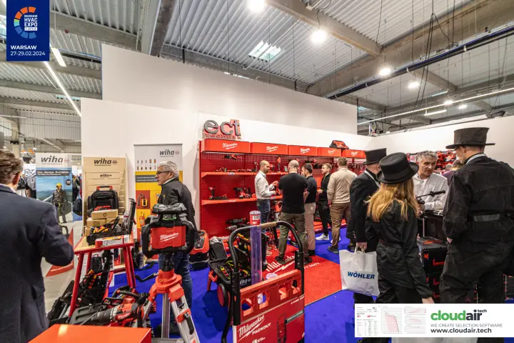 ECT Technik stand with Milwaukee tool wall and Wiha displays at Warsaw HVAC Expo 2024