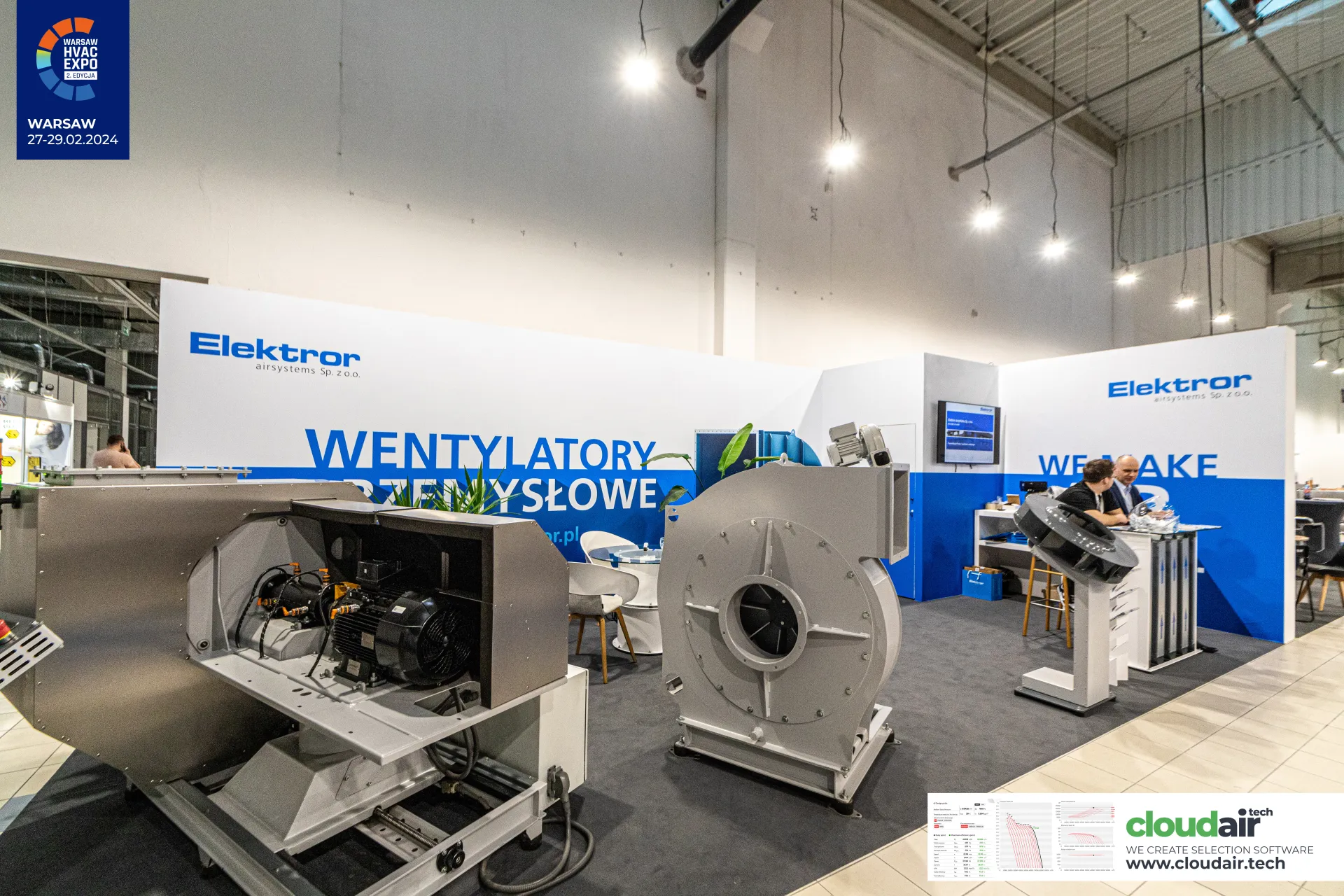 Elektror industrial fans, one with its housing opened to show the motor at Warsaw HVAC Expo 2024