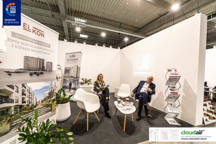 Elkon stand promoting induction boilers and a mobile heat and power unit at Warsaw HVAC Expo 2024