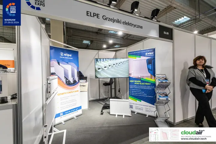 Elpe shell-scheme stand with electric panel radiators and roll-up banners at Warsaw HVAC Expo 2024