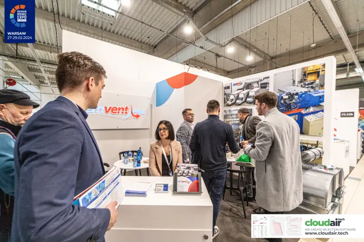 Emvent stand with factory photos and galvanised round ducts at Warsaw HVAC Expo 2024