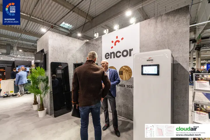 Encor stand with glass-fronted heat pump cabinets and ENEX 2024 medals at Warsaw HVAC Expo 2024
