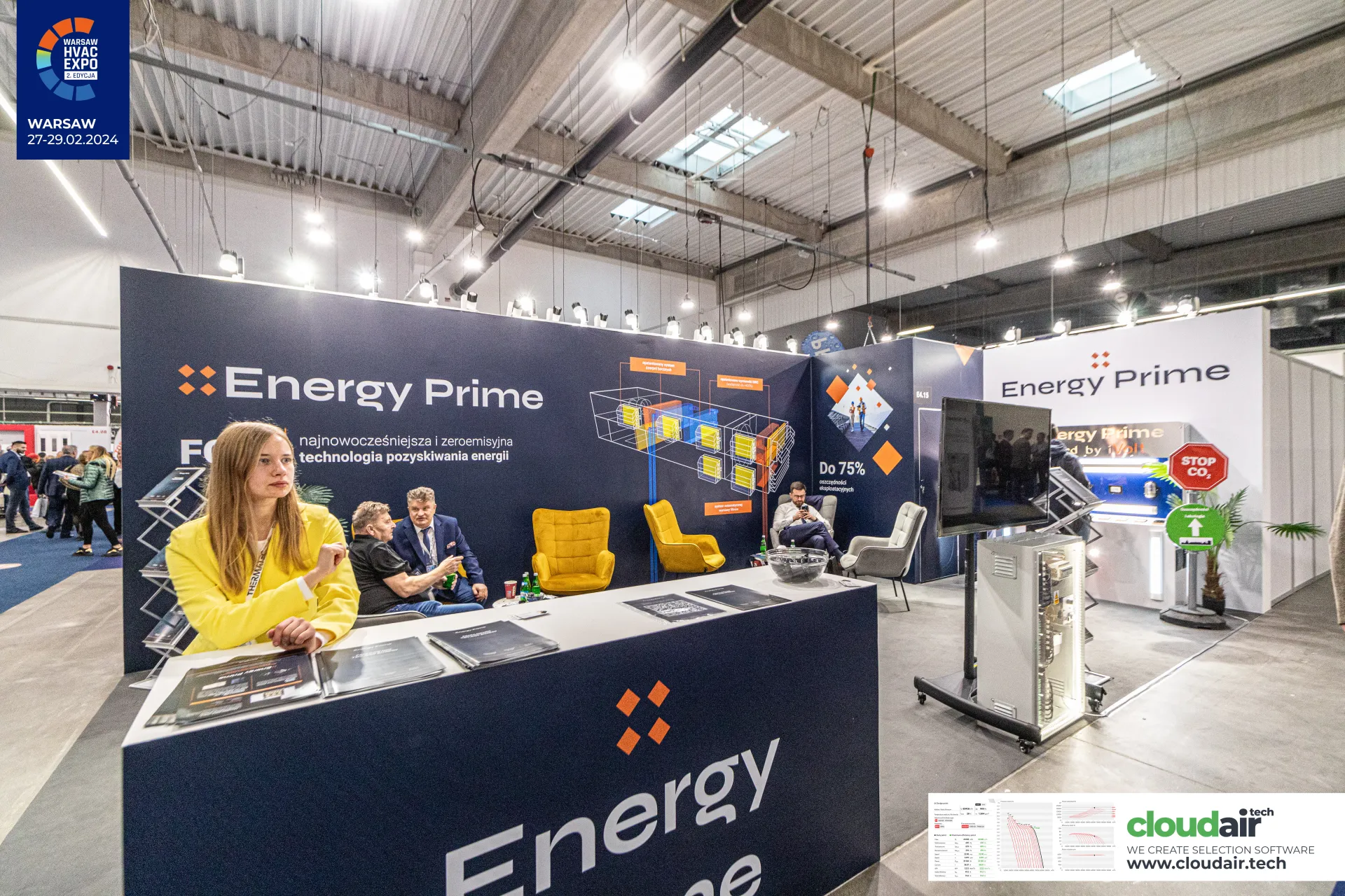 Energy Prime stand with navy walls and yellow lounge armchairs at Warsaw HVAC Expo 2024
