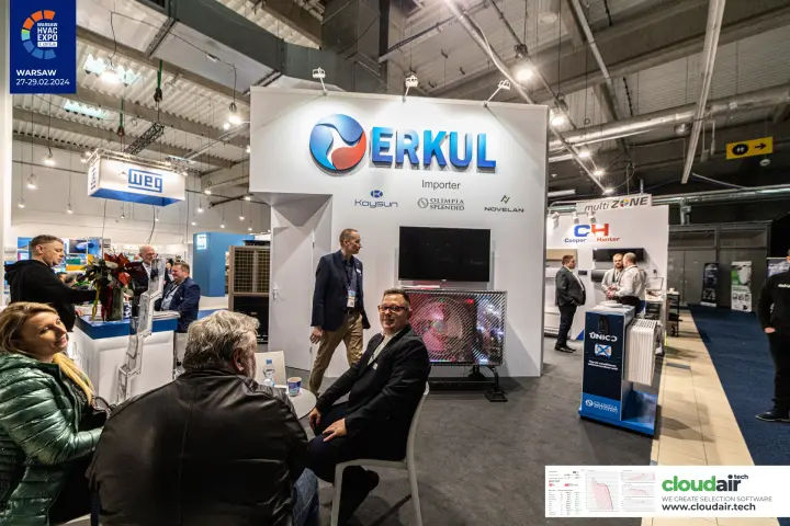 Erkul importer stand with lit heat pump and Olimpia Splendid Unico display at Warsaw HVAC Expo 2024