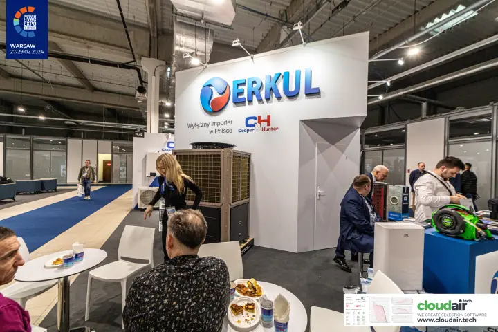 Erkul seating area in front of a large Cooper&Hunter outdoor unit at Warsaw HVAC Expo 2024