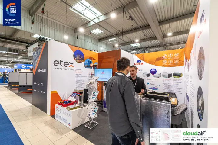 Etex and URSA stand corner with URSA AIR duct sections at Warsaw HVAC Expo 2024