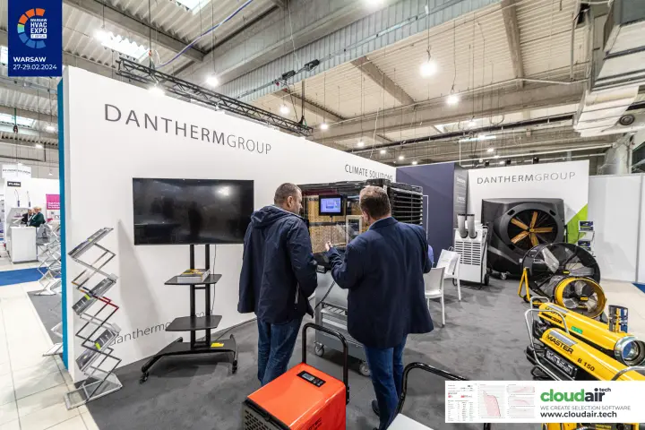 Evaporative cooler with visible cooling pads on the Dantherm Group stand at Warsaw HVAC Expo 2024