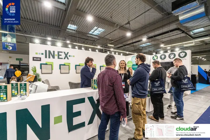 IN-EX counter with large green lettering and filter boxes at stand E4.40
