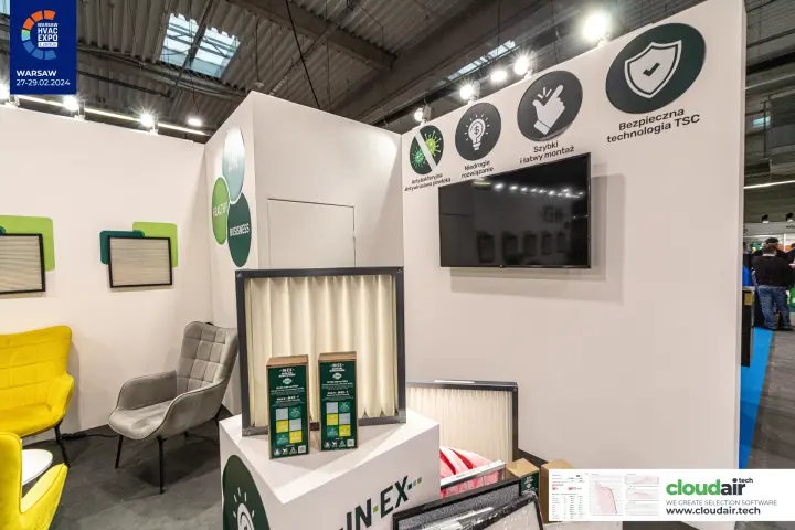 IN-EX pleated panel filters with product boxes and feature icons