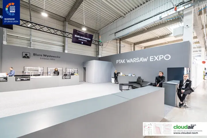 Exhibitors office of Ptak Warsaw Expo with service counters and lounge