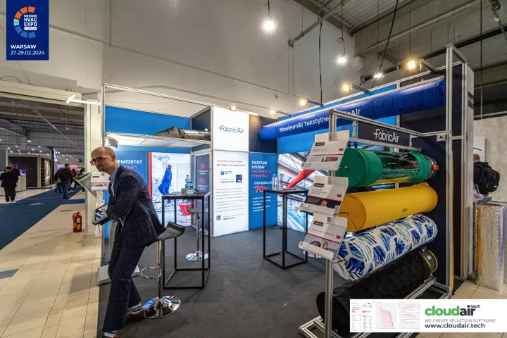 FabricAir stand with a rack of coloured textile ducts