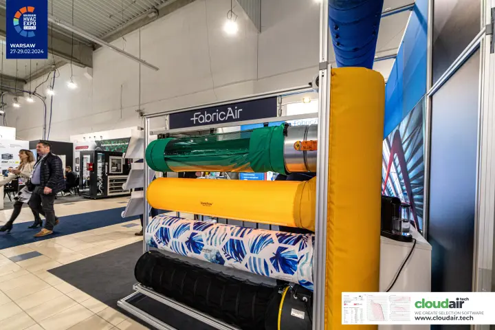 FabricAir textile duct samples including a yellow SonicFlow duct