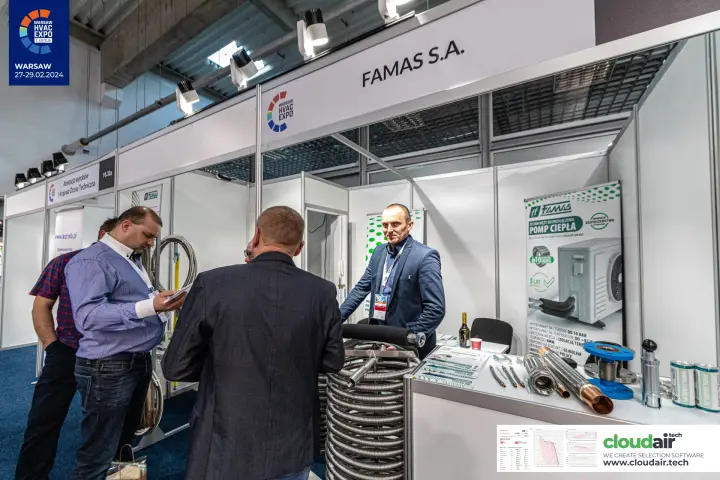 Famas booth with flexible stainless hoses for connecting heat pumps
