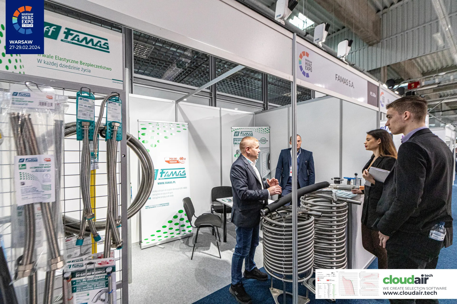 Famas shell-scheme stand with flexible stainless hoses and corrugated tubing coils at Warsaw HVAC Expo 2024