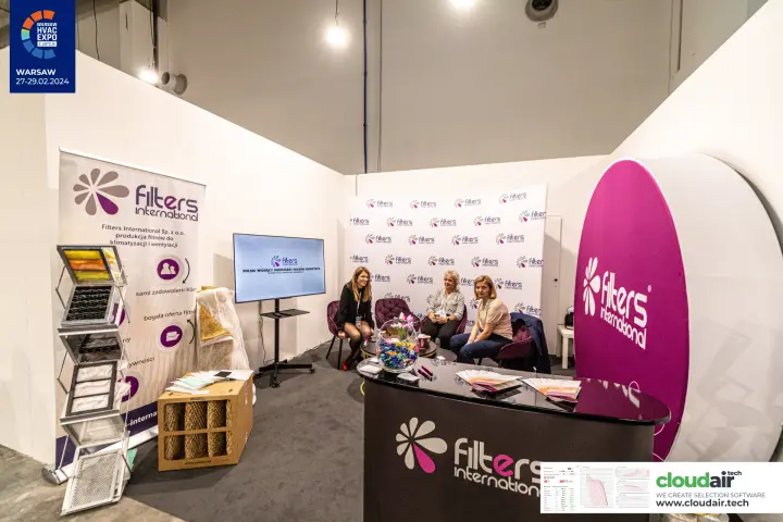 Filters International stand with filter samples and purple logo disc at Warsaw HVAC Expo 2024