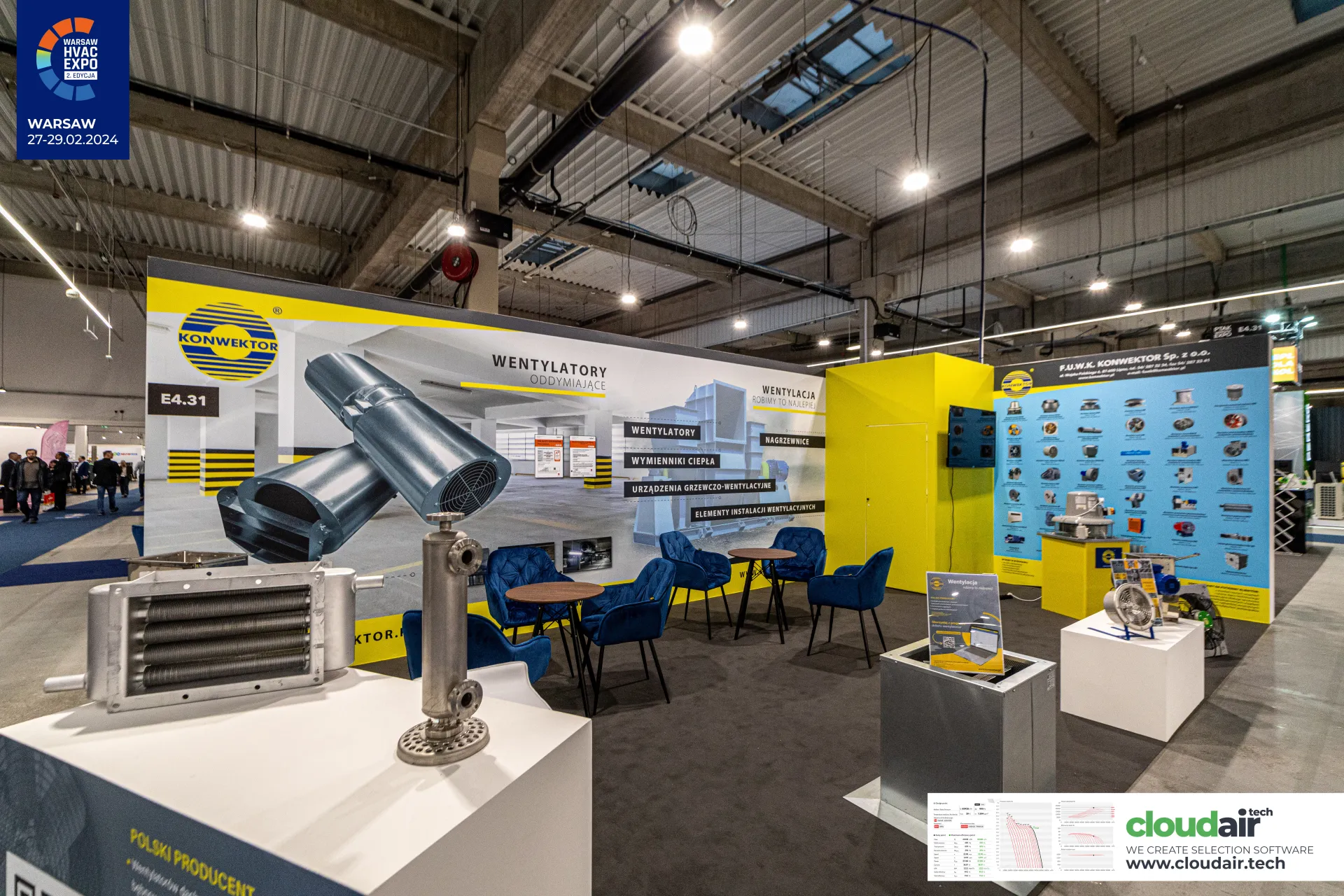 Finned-tube heat exchanger on a plinth in front of the Konwektor stand at Warsaw HVAC Expo 2024