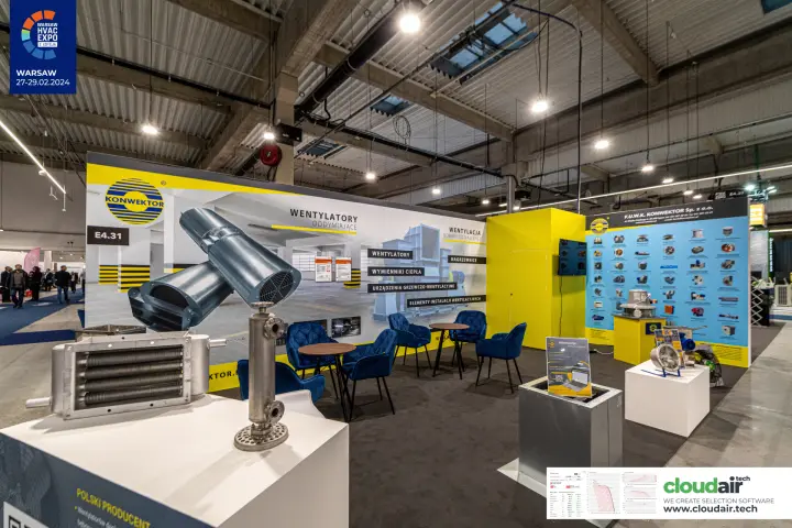 Finned-tube heat exchanger on a plinth in front of the Konwektor stand at Warsaw HVAC Expo 2024