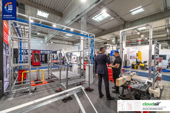 Fischer galvanised strut frames supporting pipes and access platforms at Warsaw HVAC Expo 2024