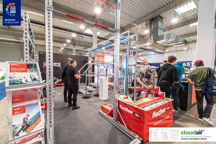 Fischer stand with strut channel installation frames and tool counter at Warsaw HVAC Expo 2024