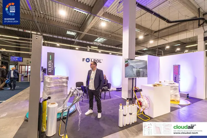 Folpol stand with Atlanta stretch wrapping machine and film rolls at Warsaw HVAC Expo 2024