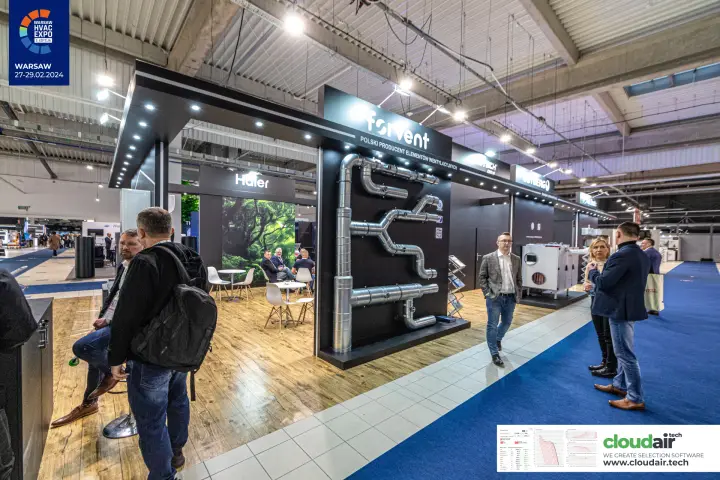 Forvent stand with spiral duct and fitting display on a black wall at Warsaw HVAC Expo 2024