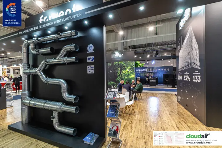 Forvent wall of spiral ducts and fittings under 'Polski producent' sign at Warsaw HVAC Expo 2024