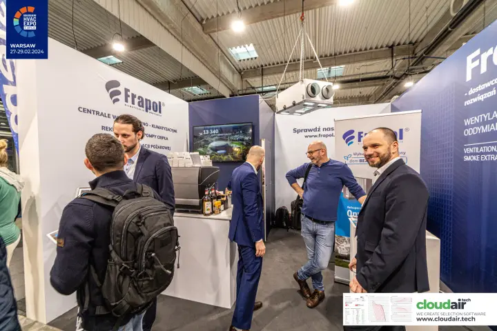 Frapol coffee counter and a ventilation unit hung on chains at Warsaw HVAC Expo 2024