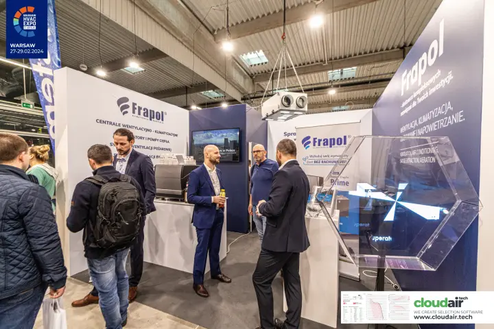 Frapol stand with suspended recuperator and hexagonal hologram display at Warsaw HVAC Expo 2024