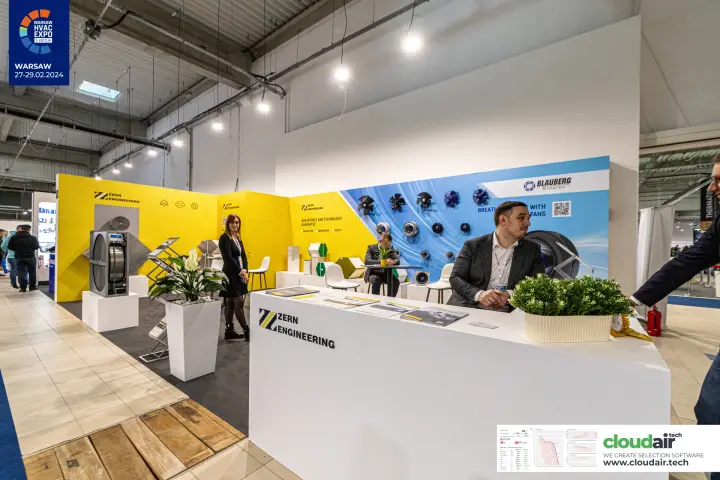 Full view of the yellow Zern Engineering stand with the Blauberg fan display at Warsaw HVAC Expo 2024