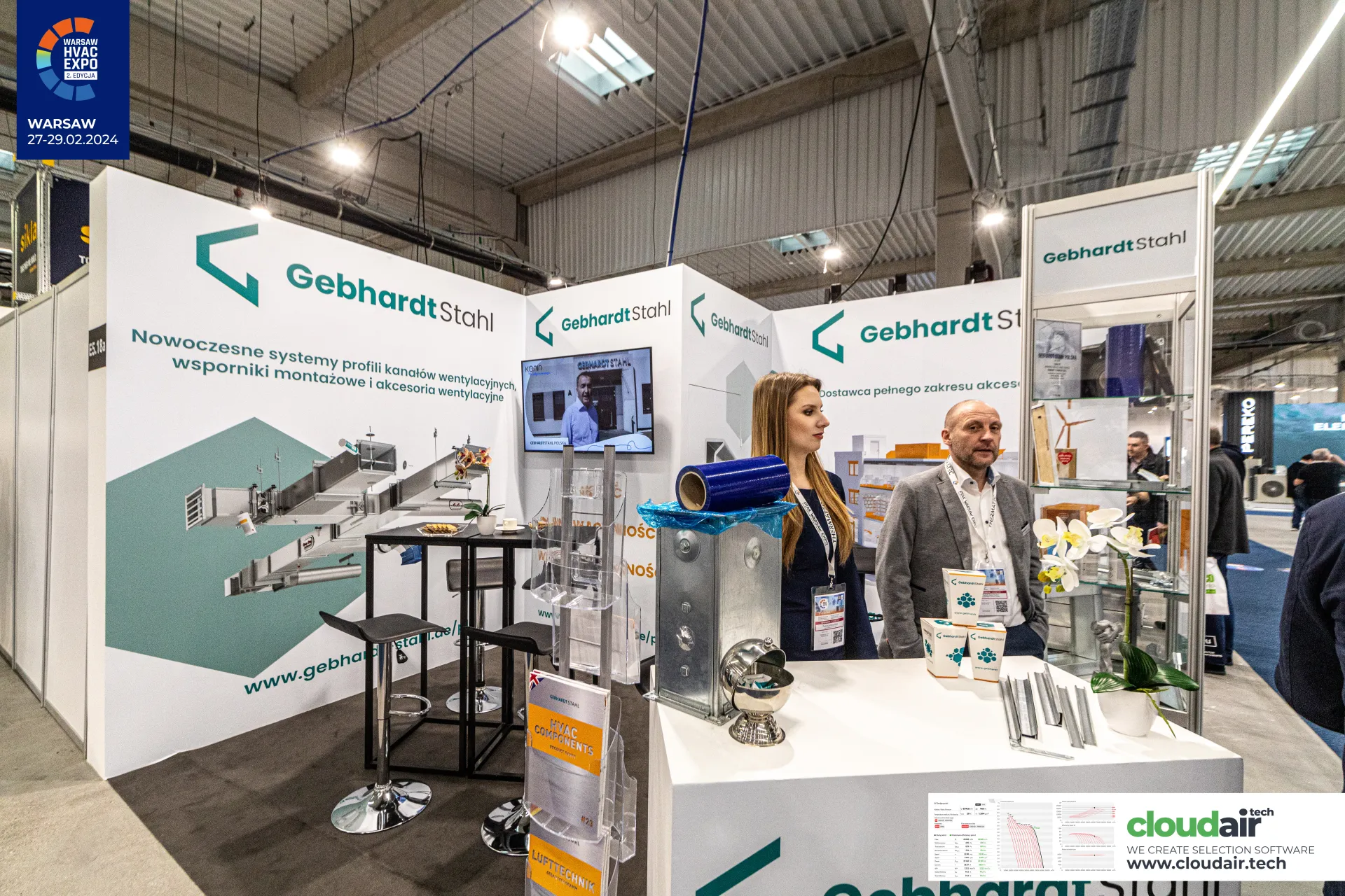 Gebhardt Stahl stand with ductwork graphic and galvanised samples at Warsaw HVAC Expo 2024