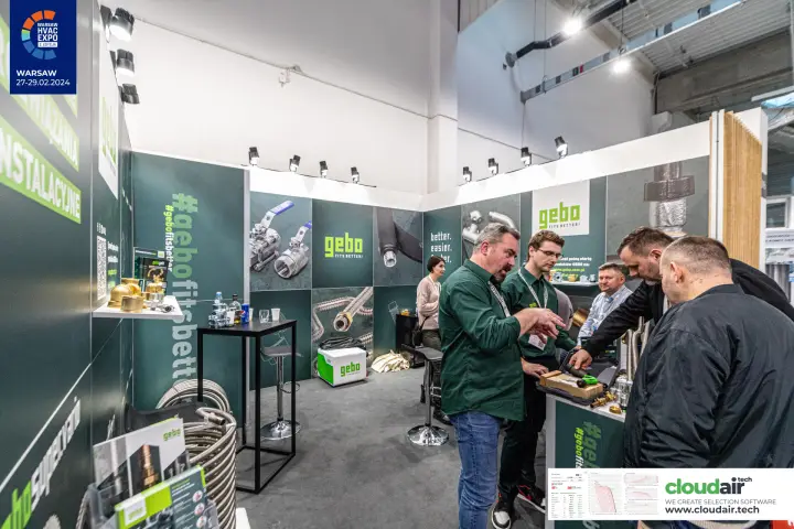 Gebo stand with ball valve graphics and the #gebofitsbetter wall at Warsaw HVAC Expo 2024