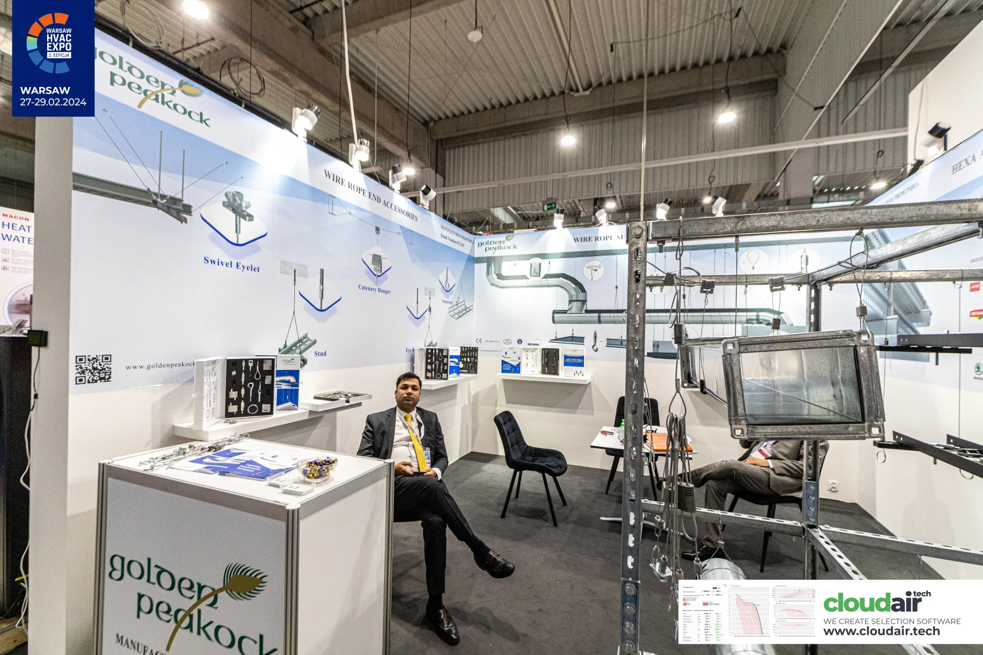 Golden Peakock stand with wire rope duct suspension accessories at Warsaw HVAC Expo 2024
