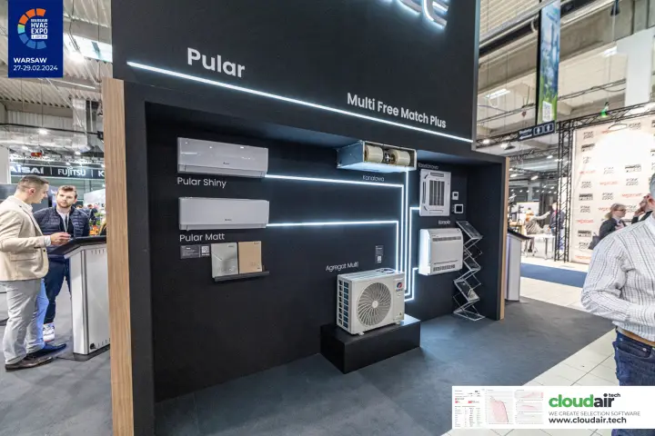Gree display wall linking Pular wall units and Multi Free Match Plus indoor units at Warsaw HVAC Expo 2024