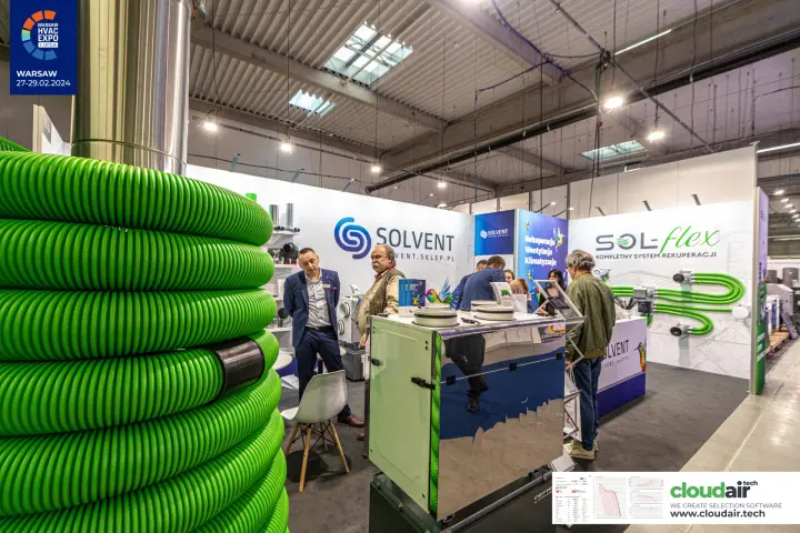 Green flexible duct coil and Defro unit in front of the Solvent stand at Warsaw HVAC Expo 2024