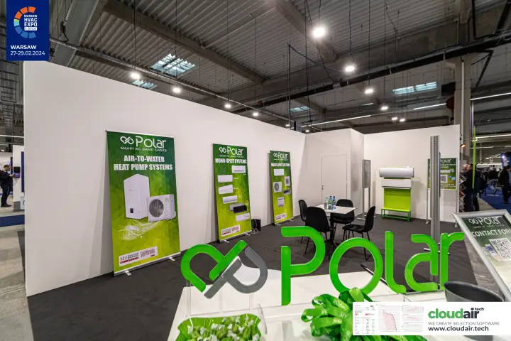 Green Polar logo on the counter with heat pump and split system roll-ups
