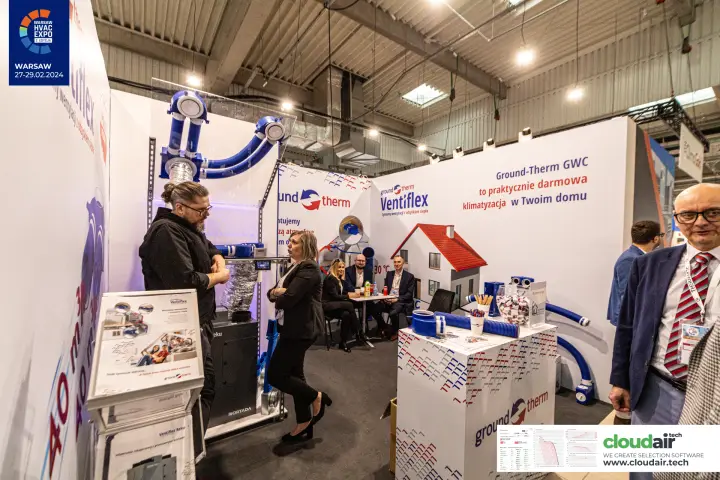 Ground-Therm Ventiflex stand with flexible duct display and model house at Warsaw HVAC Expo 2024