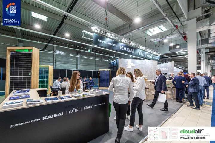 Grupa Klima-Therm front counter listing Kaisai, Fujitsu and Klimor brands at Warsaw HVAC Expo 2024