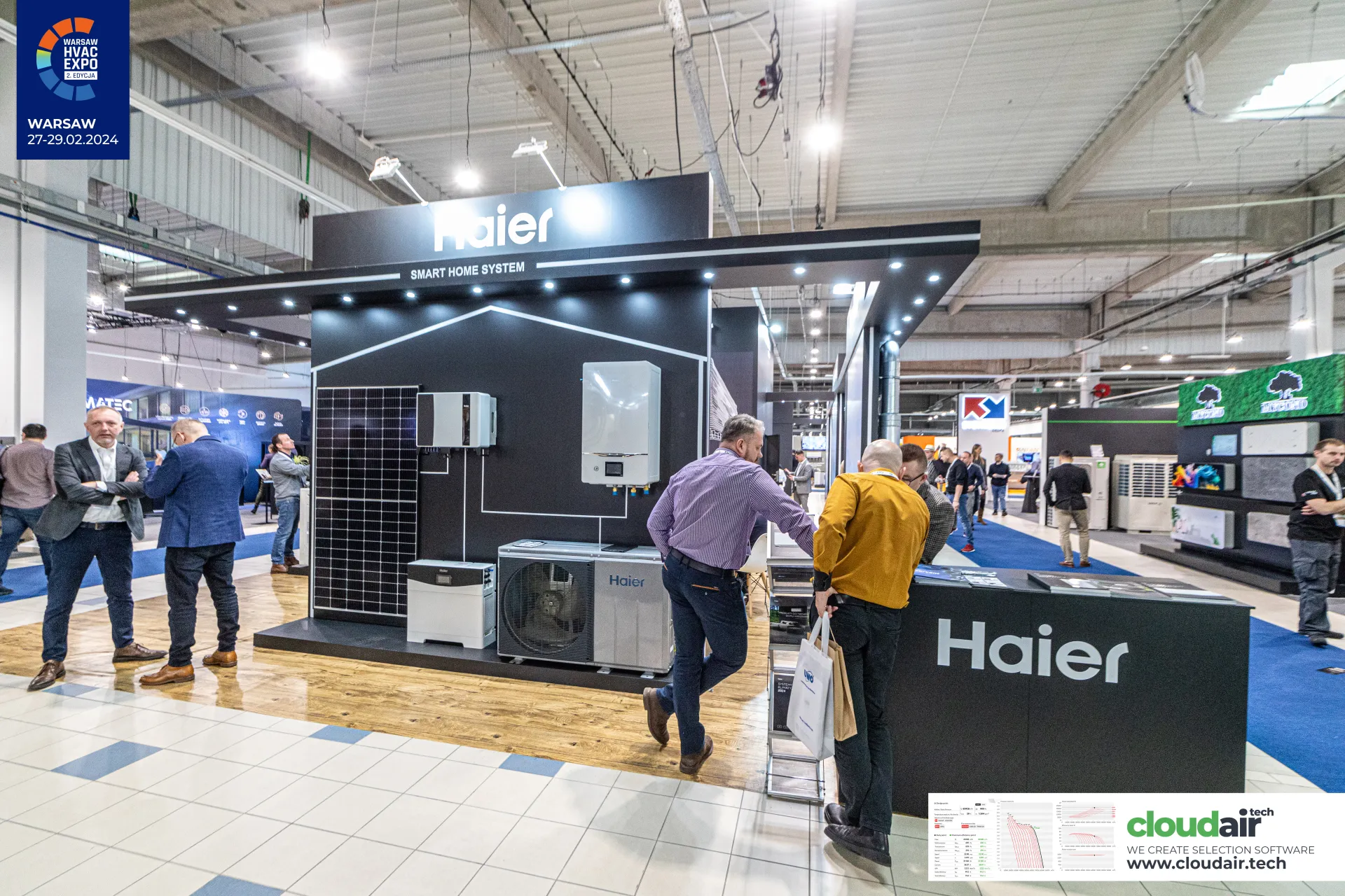 Haier Smart Home System display with heat pump, solar panel and battery at Warsaw HVAC Expo 2024