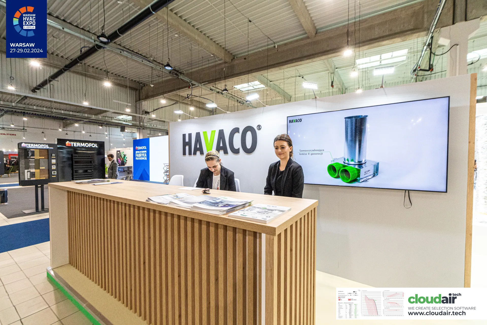 Havaco counter and screen showing a plenum box with green spigots at Warsaw HVAC Expo 2024