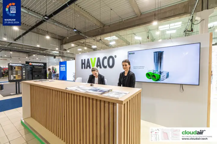 Havaco counter and screen showing a plenum box with green spigots at Warsaw HVAC Expo 2024