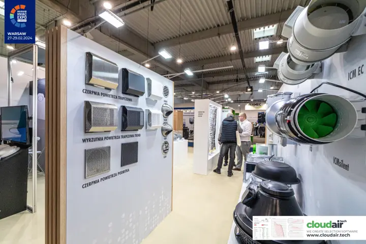 Havaco facade louvres and air intakes beside inline fans at Warsaw HVAC Expo 2024