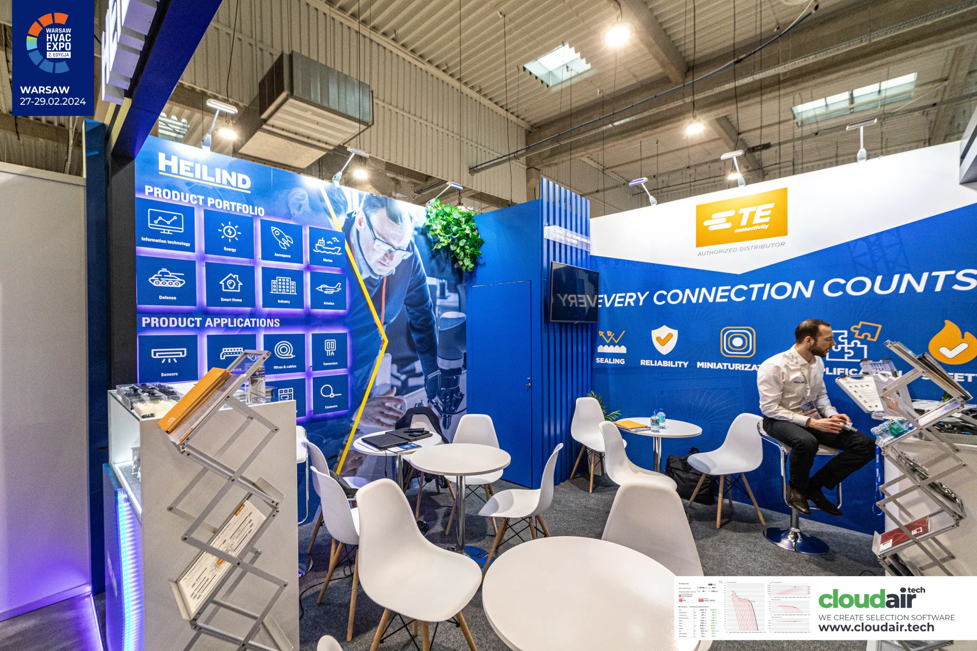 Heilind product portfolio wall and TE Connectivity seating area at Warsaw HVAC Expo 2024