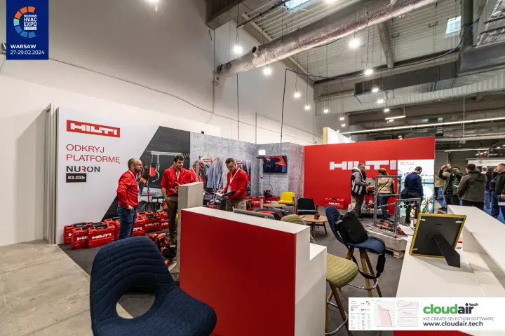 Hilti stand with NURON platform graphic and lounge seating