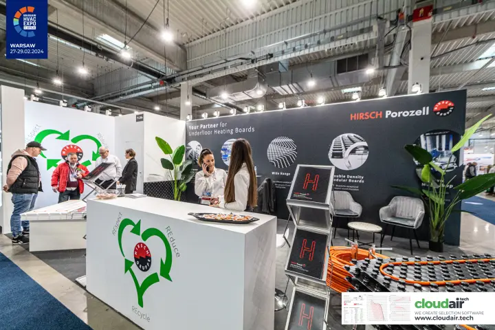 Hirsch Porozell stand with underfloor heating boards and a recycling-heart desk at Warsaw HVAC Expo 2024