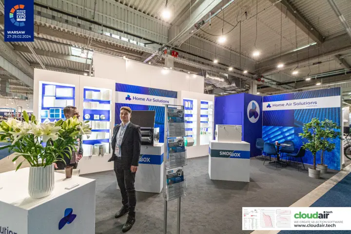 Home Air Solutions stand with backlit filter shelves and SMOGBOX units